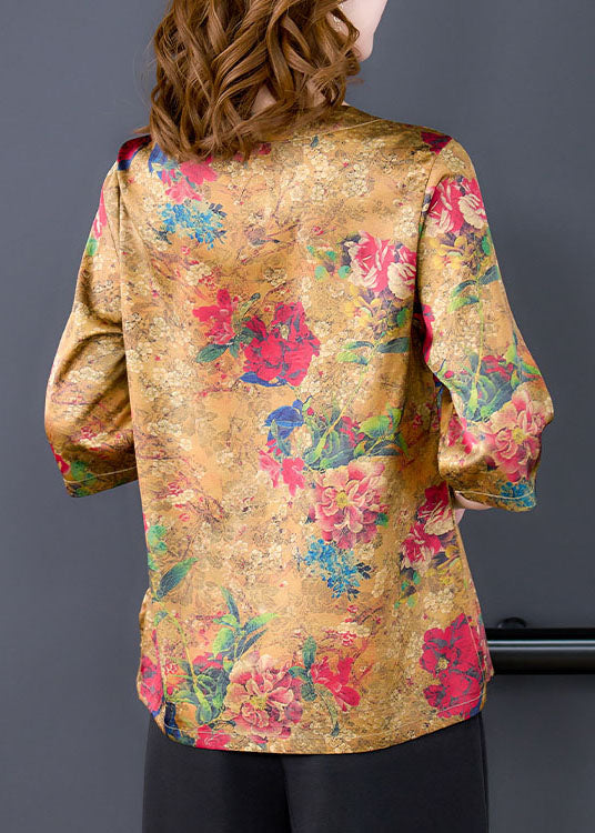 Chic Yellow Side Open V Neck Print Silk Blouse Tops Half Sleeve
