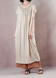 Chic beige cotton dress short sleeve Cinched Dress - SooLinen