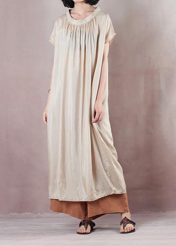 Chic beige cotton dress short sleeve Cinched Dress - SooLinen