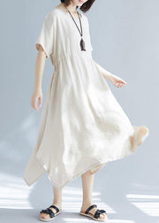 Chic big hem linen cotton clothes For Women Inspiration beige side open Dress summer - SooLinen