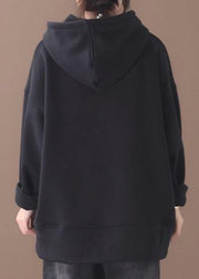 Chic black cotton tunics for women winter box hooded blouses - SooLinen