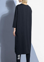 Chic black o neck cotton Tunics zippered Maxi fall Dresses - SooLinen