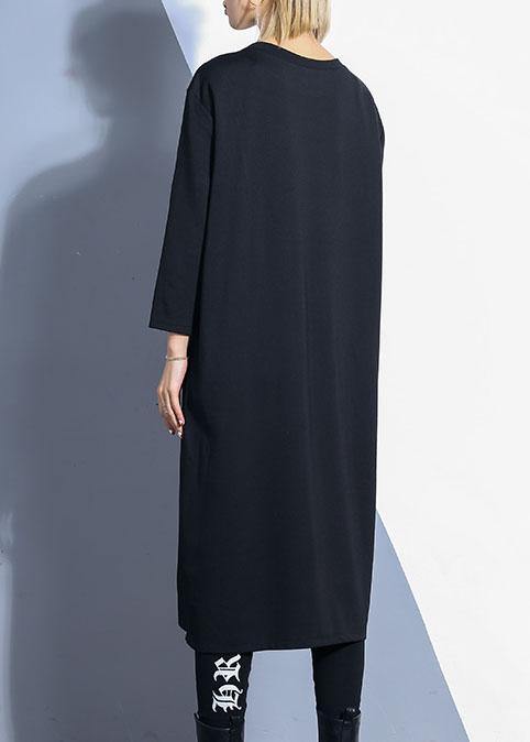 Chic black o neck cotton Tunics zippered Maxi fall Dresses - SooLinen