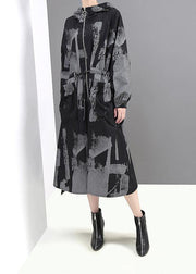 Chic black prints Fine outwear hooded tie waist jackets - SooLinen