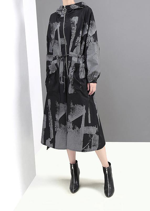Chic black prints Fine outwear hooded tie waist jackets - SooLinen