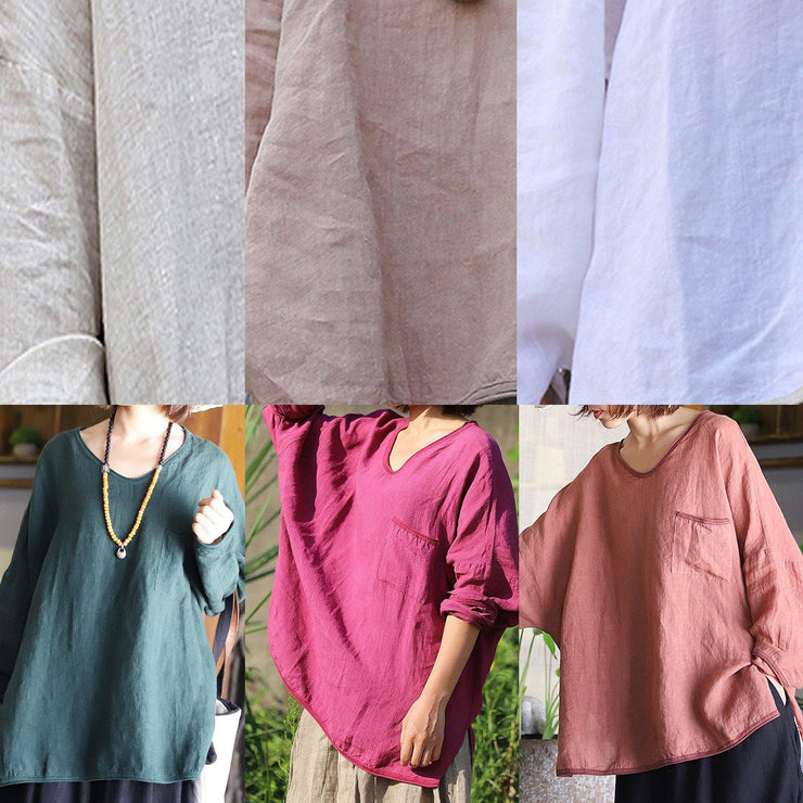 Chic blackish green linen clothes For Women side open Plus Size Clothing v neck blouse - SooLinen