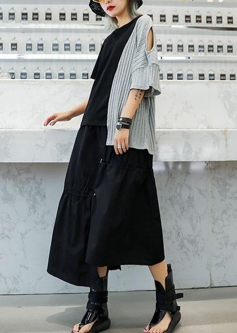 Chic gray patchwork cotton clothes For Women asymmetric hem oversized summer blouses - SooLinen