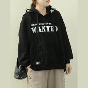 Chic hooded patchwork top silhouette black Letter daily blouse - SooLinen