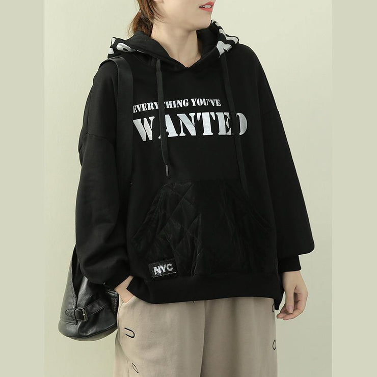 Chic hooded patchwork top silhouette black Letter daily blouse - SooLinen