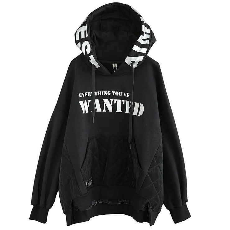 Chic hooded patchwork top silhouette black Letter daily blouse - SooLinen