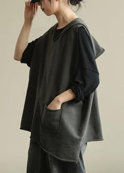 Chic hooded sleeveless tops women Work gray blouse - SooLinen