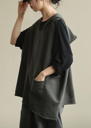 Chic hooded sleeveless tops women Work gray blouse - SooLinen