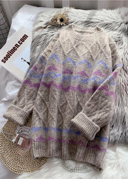 Chic khaki striped  Sweater Wardrobes Design o neck baggy knitted dress - SooLinen