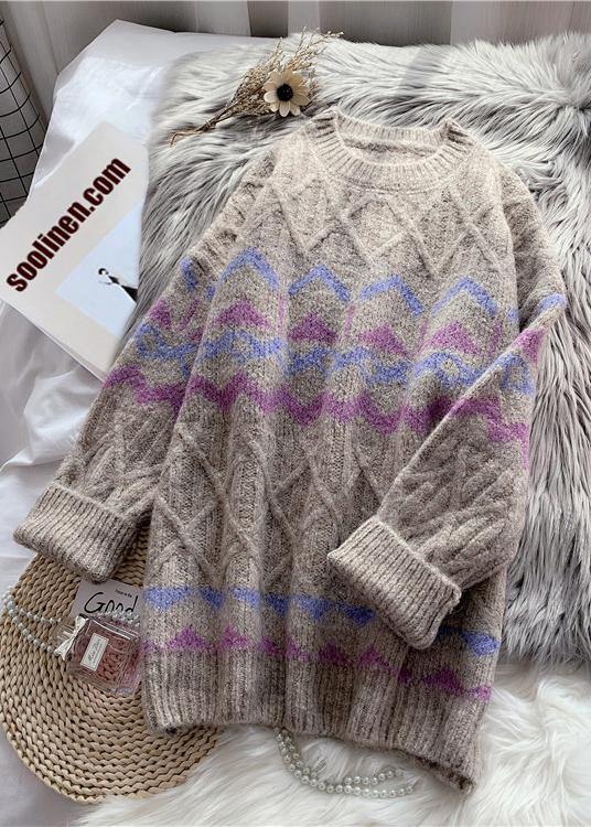 Chic khaki striped  Sweater Wardrobes Design o neck baggy knitted dress - SooLinen