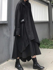 Chic lapel asymmetric cotton spring for women black A Line shirt Dresses - SooLinen