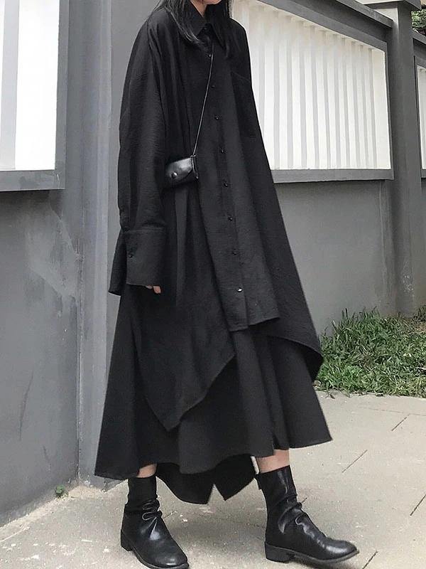 Chic lapel asymmetric cotton spring for women black A Line shirt Dresses - SooLinen