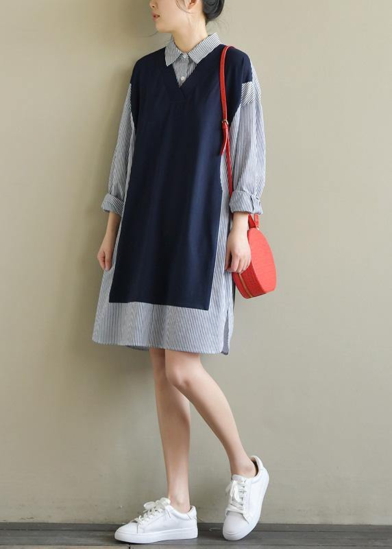 Chic lapel patchwork Cotton for women Work Outfits navy striped Dress spring - SooLinen