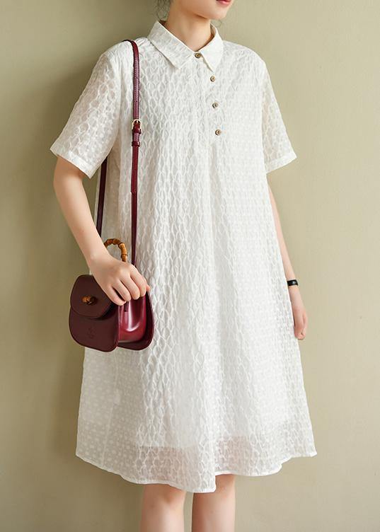 Chic lapel summer quilting dresses Inspiration white dotted Dress - SooLinen