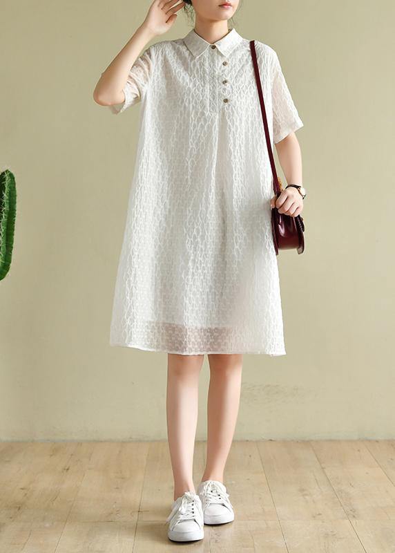 Chic lapel summer quilting dresses Inspiration white dotted Dress - SooLinen