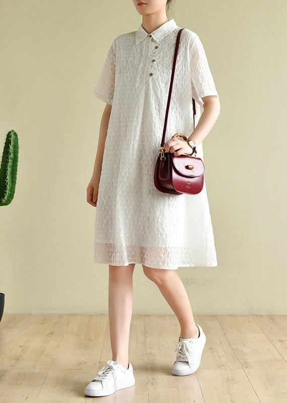 Chic lapel summer quilting dresses Inspiration white dotted Dress - SooLinen