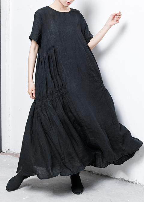 Chic linen cotton Robes Women Pure Color Pleated Elegant A-Line Dress - SooLinen