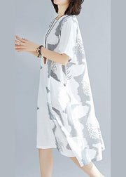 Chic o neck cotton quilting clothes Outfits white prints A Line Dress summer - SooLinen