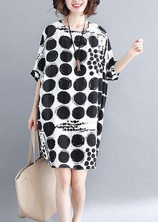 Chic o neck linen quilting dresses Tunic Tops black plaid Dresses summer - SooLinen