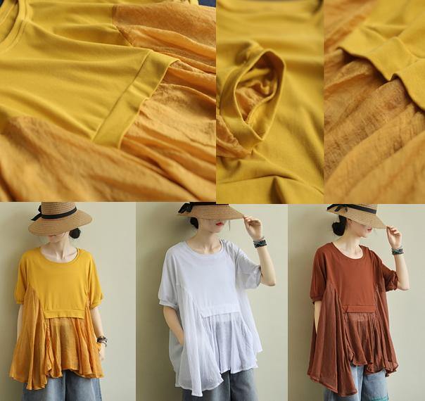 Chic o neck patchwork cotton summerLong Shirts Fabrics white tops - SooLinen