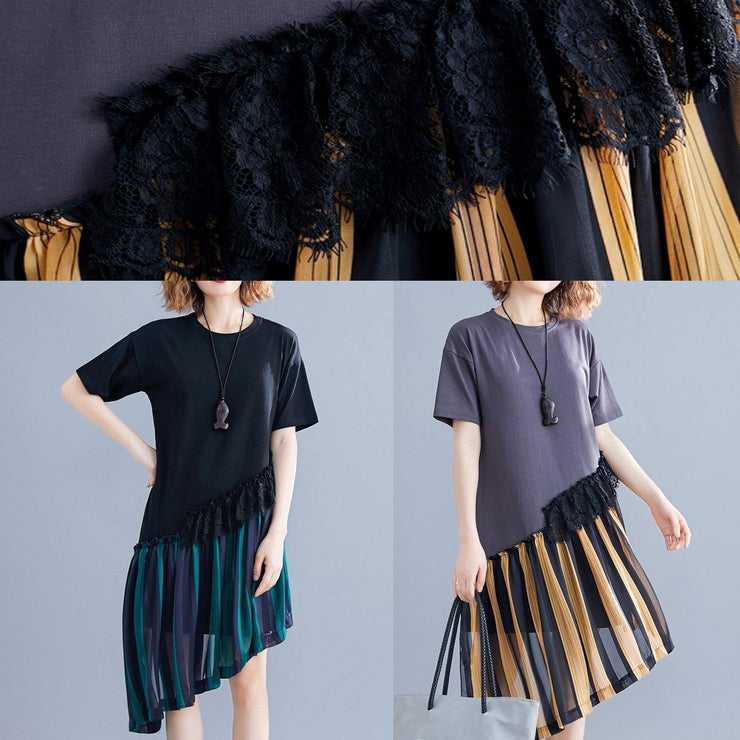 Chic o neck patchwork quilting clothes blue striped Dresses summer - SooLinen