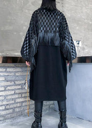 Chic o neck patchwork tassel fall dresses pattern black long Dresses - SooLinen
