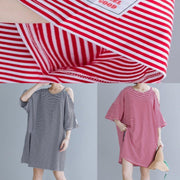 Chic o neck side open Cotton tunic dressSewing black striped Dress - SooLinen