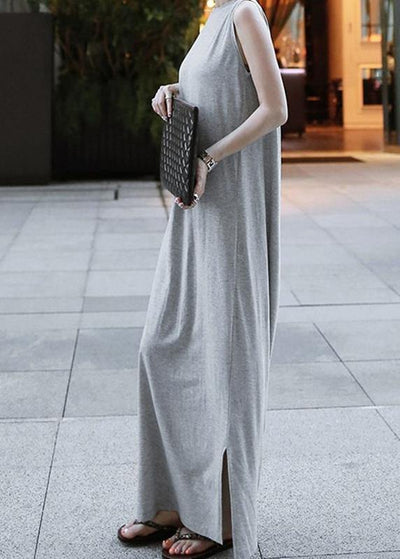 Chic o neck sleeveless cotton quilting dresses Runway gray cotton robes Dresses - SooLinen