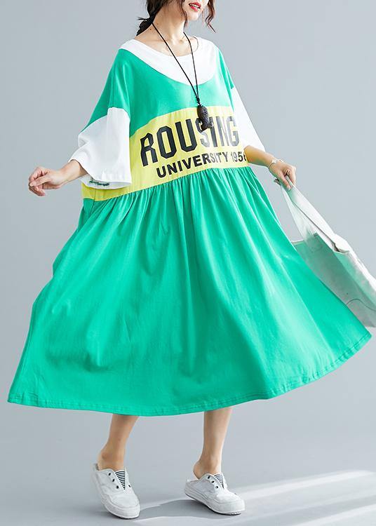 Chic patchwork cotton dress Inspiration green Plus Size Dress summer - SooLinen