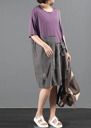 Chic purple patchwork denim dress pattern o neck baggy summer Dress - SooLinen