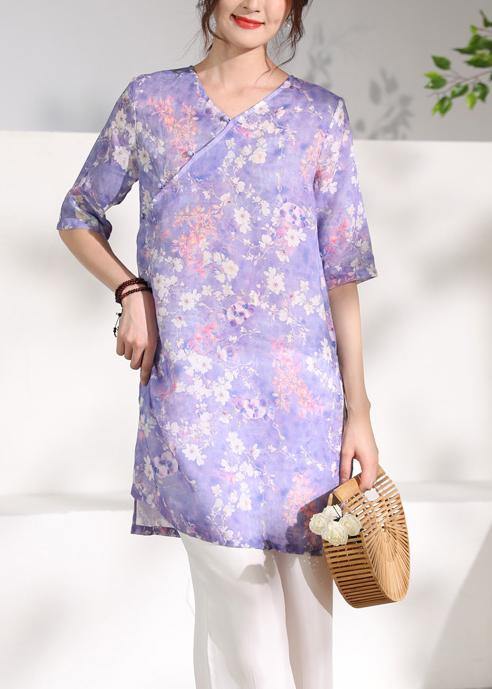 Chic purple print linen clothes v neck half sleeve Knee tops - SooLinen