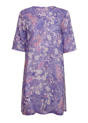 Chic purple print linen clothes v neck half sleeve Knee tops - SooLinen