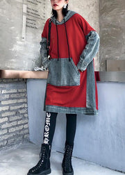 Chic red cotton clothes Women hooded Maxi patchwork Dresses - SooLinen