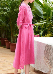 Chic rose linen outfit v neck patchwork Robe summer Dresses - SooLinen