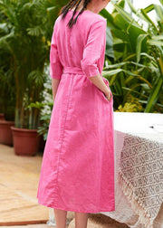 Chic rose linen outfit v neck patchwork Robe summer Dresses - SooLinen
