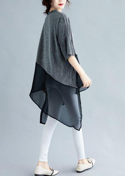 Chic silver linen tops women o neck asymmetric silhouette summer shirt - SooLinen
