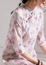 Chic stand collar Chinese Button linen clothes For Women design light pink Dresses - SooLinen