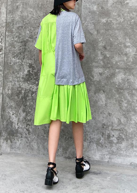 Chic stand collar patchwork Cotton clothes For Women green Dresses - SooLinen