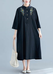 Chic stand collar pockets cotton Wardrobes linen black embroidery long Dress summer - SooLinen