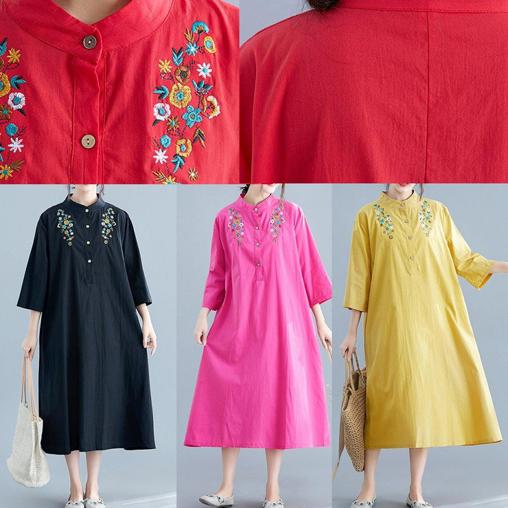 Chic stand collar pockets cotton Wardrobes linen black embroidery long Dress summer - SooLinen