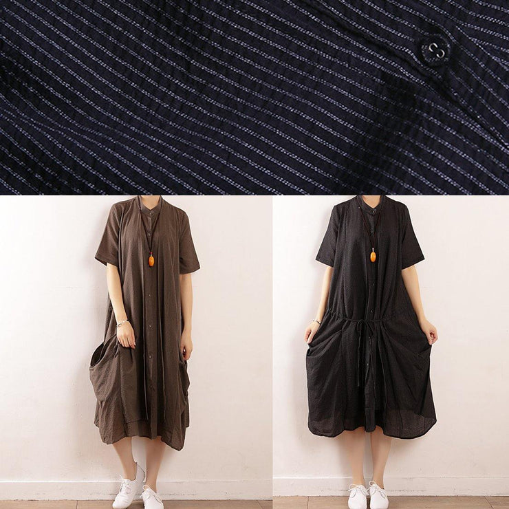 Chic stand collar pockets cotton linen v neck quilting dresses Tunic Tops black striped Dresses - SooLinen
