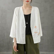 Chic v neck Chinese Button crane tops pattern white shirts - SooLinen