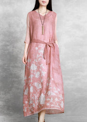 Chic v neck tie waist Wardrobes Catwalk pink print Dress - SooLinen