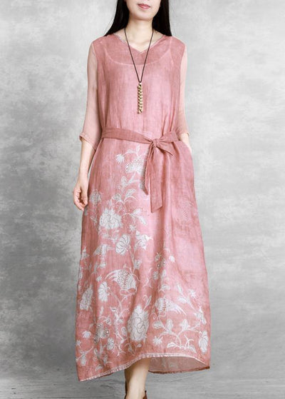 Chic v neck tie waist Wardrobes Catwalk pink print Dress - SooLinen