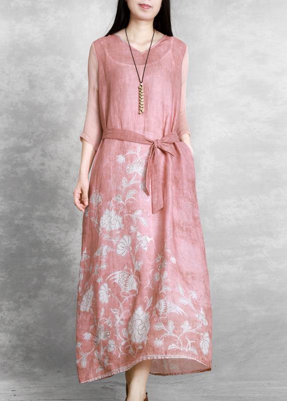 Chic v neck tie waist Wardrobes Catwalk pink print Dress - SooLinen
