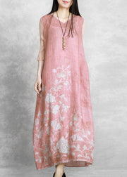Chic v neck tie waist Wardrobes Catwalk pink print Dress - SooLinen